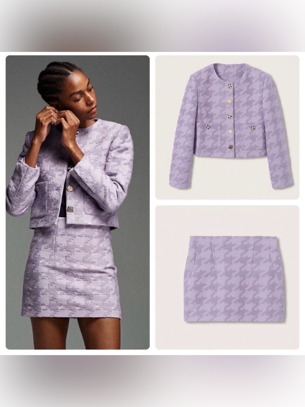 Mango MNG Lilac Houndstooth Tweed Jacket and Skirt Set S/M